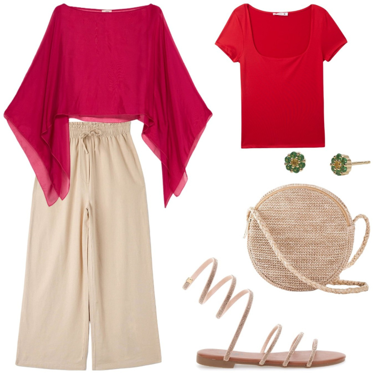Outfit donna - Ein Tag in Japan. Stile Bon Ton per Tutti i giorni. Abbinamento con borse a tracolla, pantaloni, t-shirt, orecchini, bolero, sandali alla schiava.