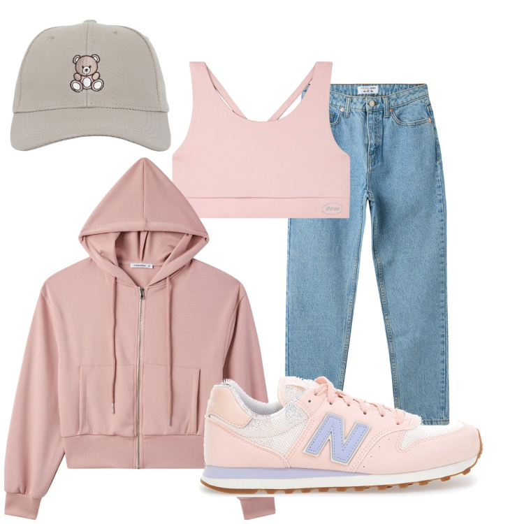Outfit donna - Weekend in comodità. Stile Sporty chic per Tutti i giorni. Abbinamento con jeans mom, canottiere, cappelli con visiera, felpe con cappuccio, sneakers.