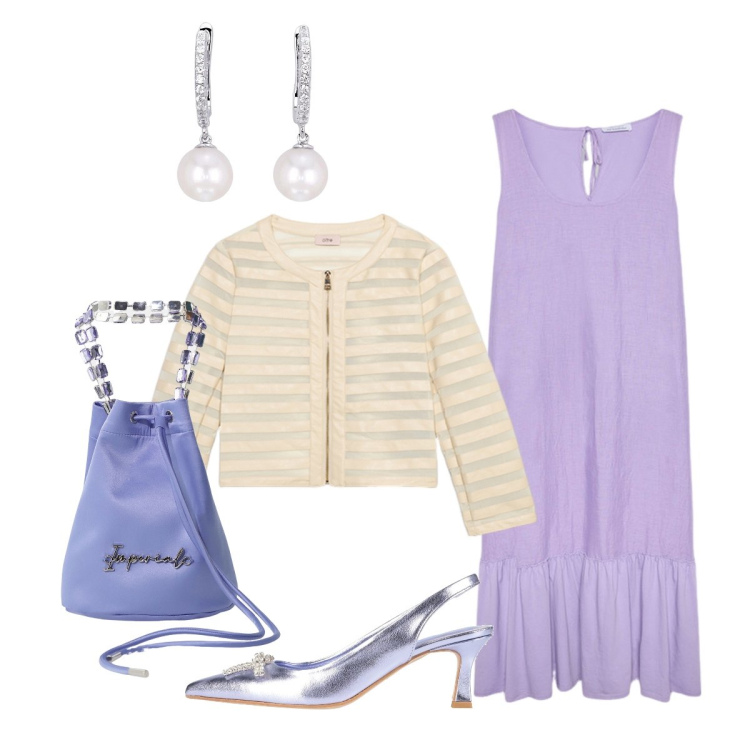Outfit donna - Il lilla domina. Stile Chic per Serata fuori. Abbinamento con décolleté, orecchini, borse a secchiello, vestiti lunghi, blazer.