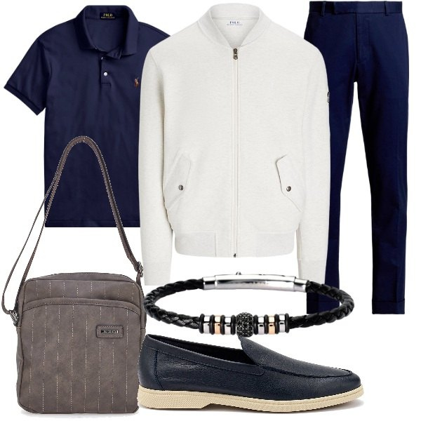 Outfit uomo - Giacca leggera per ogni occasione. Stile Casual per Tutti i giorni. Abbinamento con braccialetti, polo, pantaloni chino, bomber, portafogli, scarpe stringate.