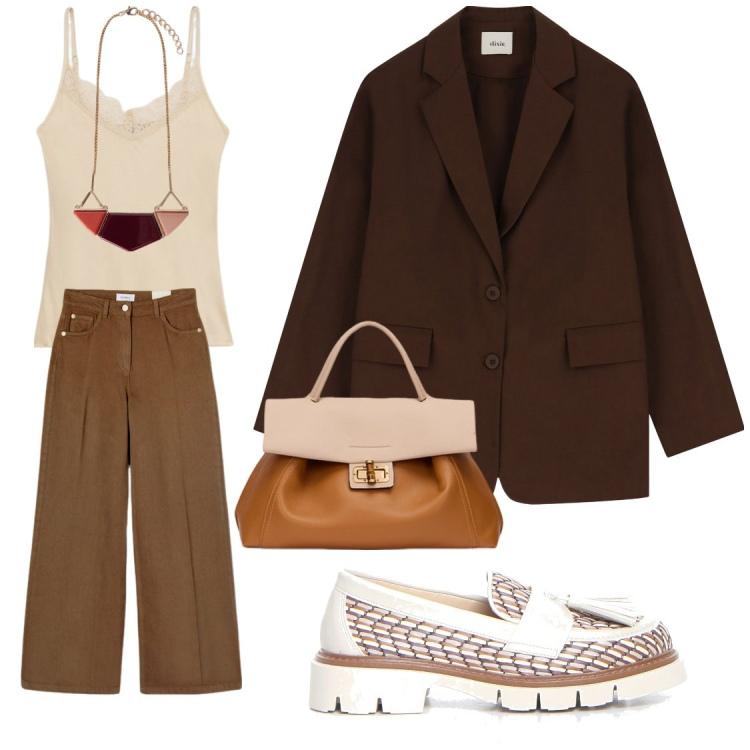 Outfit donna - Mannish a maggio. Stile Mannish per Ufficio. Abbinamento con blazer, mocassini, pantaloni, top, ciondoli, borse a tracolla.