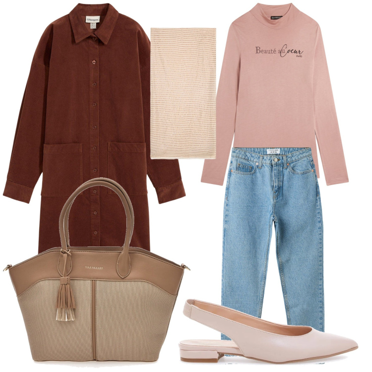 Outfit donna - Tempo incerto. Stile Urban per Tutti i giorni. Abbinamento con vestiti corti, jeans mom, maglieria, ballerine, borse tote, sciarpe.