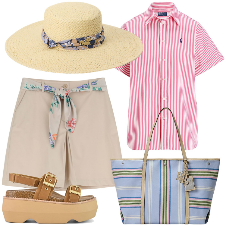 Outfit donna - Vari usi del foulard. Stile Trendy per Tutti i giorni. Abbinamento con shorts, borse tote, camicie a manica corta, cappelli, sandali col tacco.
