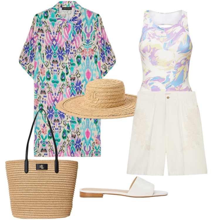 Outfit donna - Fantasie marine. Stile Bon Ton per Mare. Abbinamento con borse tote, cappelli, ciabatte, camicie, costumi interi, bermuda.