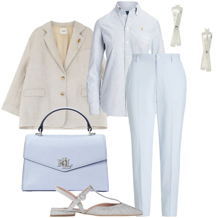Outfit donna - Righe protagoniste. Stile Bon Ton per Ufficio. Abbinamento con ballerine, borse a mano, camicie, orecchini, pantaloni, blazer.