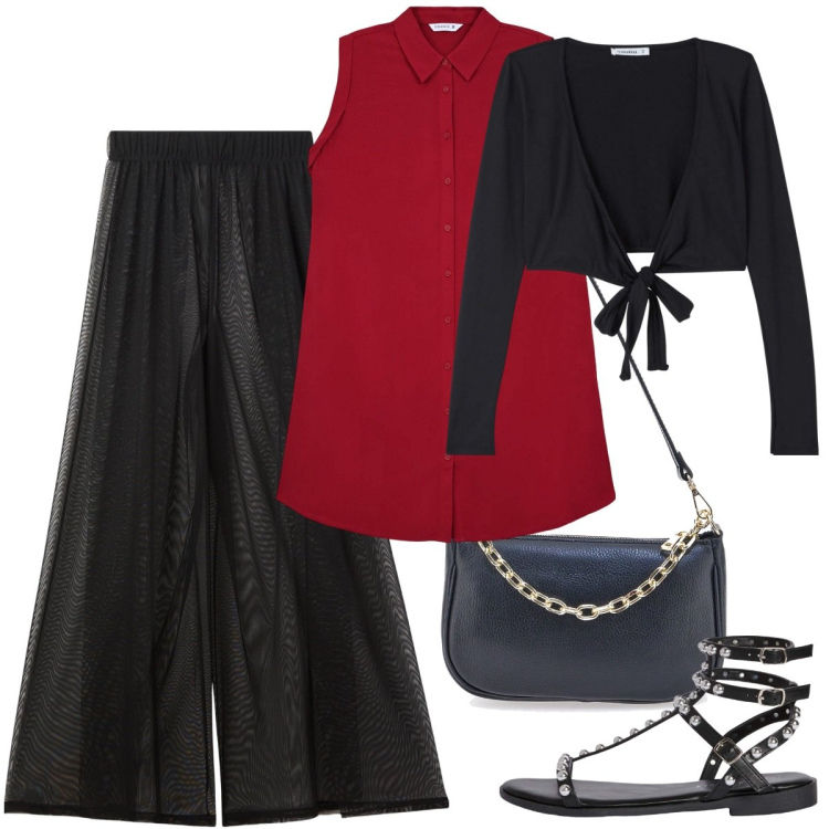 Outfit donna - Total look #2131191. Stile Glamour per Serata fuori. Abbinamento con camicie a manica corta, blazer, pantaloni a palazzo, sandali, borse a tracolla.