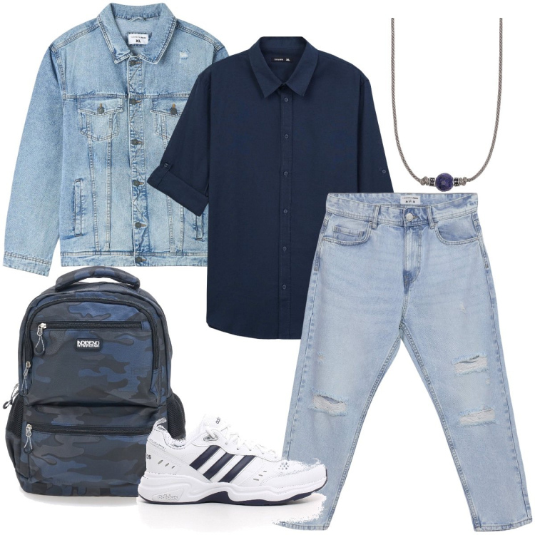 Outfit uomo - Lo zaino militare. Stile Urban per Tutti i giorni. Abbinamento con giacche, jeans strappati, camicie, collane, borse sportive, sneakers.