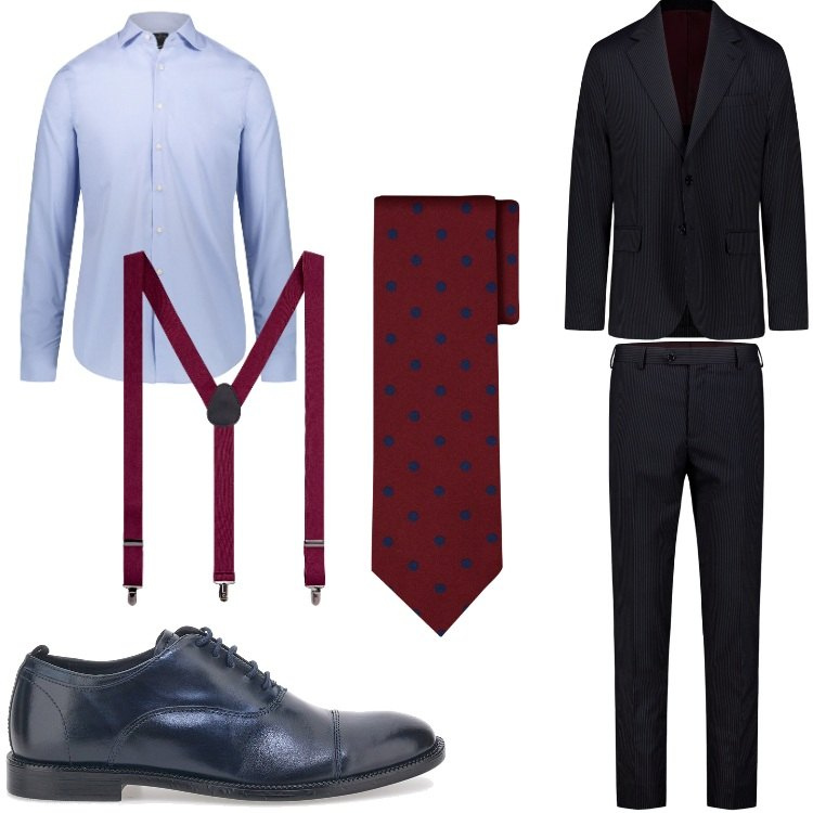 Outfit uomo - Cerimonia in gessato. Stile Business/Elegante per Cerimonia. Abbinamento con bretelle, scarpe stringate, abiti, camicie, cravatte.