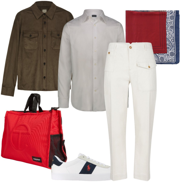 Outfit uomo - Dettagli rossi. Stile Business/Elegante per Ufficio. Abbinamento con borse sportive, sciarpe e foulard, sneakers, giacche, camicie, pantaloni.