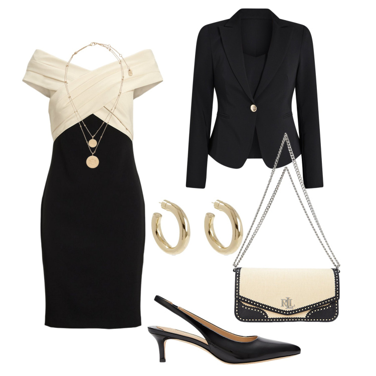 Outfit donna - Cerimonia vintage style. Stile Chic per Cerimonia. Abbinamento con blazer, ciondoli, vestiti a tubino, décolleté, borse a spalla, orecchini.