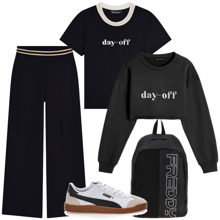 Outfit donna - Total look #2131215. Stile Sporty chic per Sport. Abbinamento con t-shirt, felpe, zaini, pantaloni, sneakers.