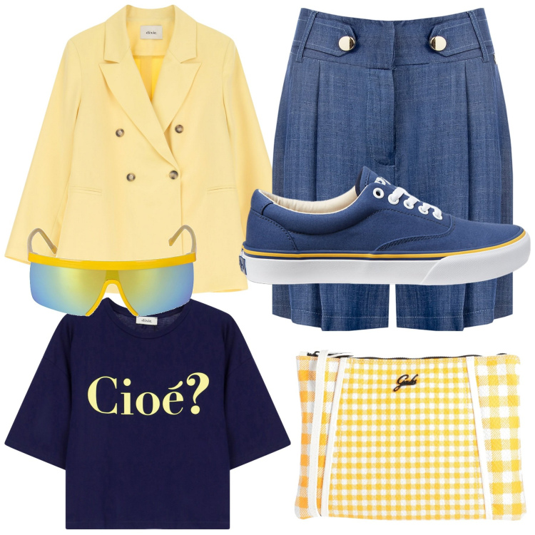 Outfit donna - Il Bermuda comodo per l\'aeroporto. Stile Casual chic per Tutti i giorni. Abbinamento con borse a tracolla, t-shirt, blazer, bermuda, sneakers, occhiali da sole.