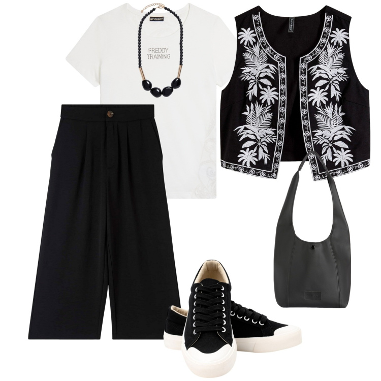 Outfit donna - Giletmania. per Tutti i giorni. Abbinamento con gilet, pantaloni a palazzo, borse a spalla, t-shirt, sneakers, collane.