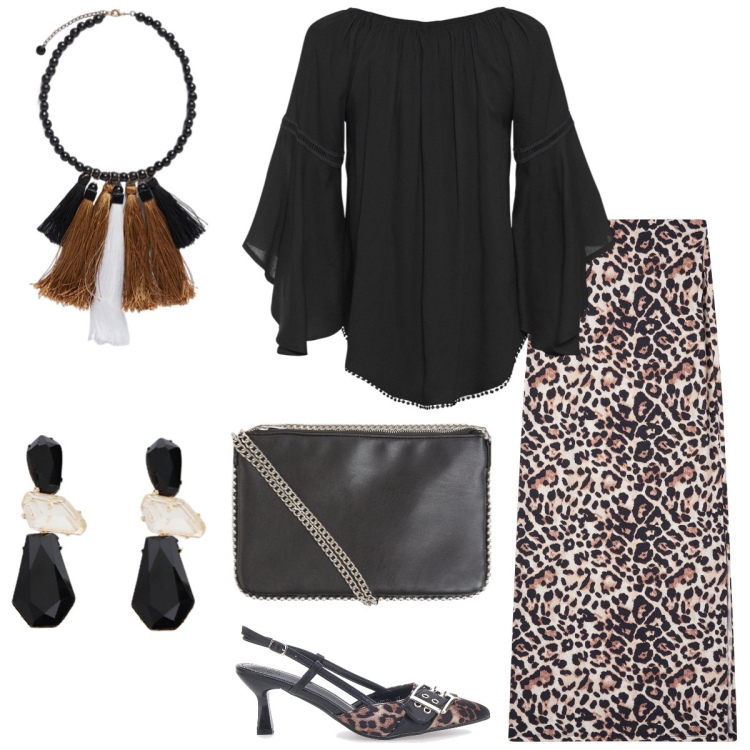 Outfit donna - Serata Animalier. Stile Trendy per Serata fuori. Abbinamento con bluse, gonne lunghe, borse a tracolla, orecchini, décolleté, collane.