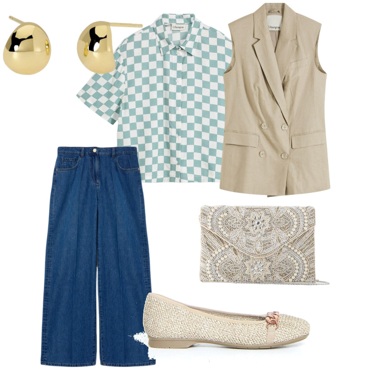 Outfit donna - Gilet e niente giacca. per Scuola/Università. Abbinamento con pochette, gilet, camicie a manica corta, orecchini, jeans, ballerine.