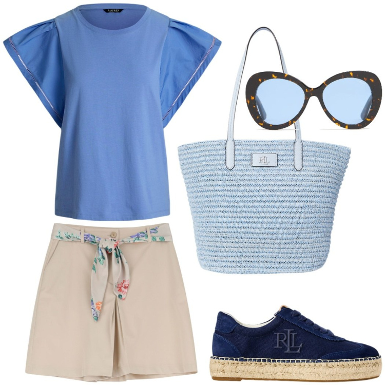 Outfit donna - Vacanze estive. Stile Casual chic per Tutti i giorni. Abbinamento con shorts, sneakers, borse tote, t-shirt, occhiali da sole.