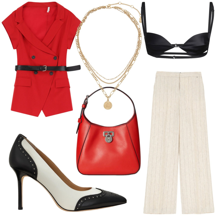 Outfit donna - Occasioni speciali. Stile Glamour per Serata fuori. Abbinamento con top, pantaloni a palazzo, blazer, ciondoli, borse a tracolla, décolleté.