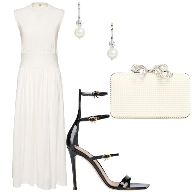 Outfit donna - A Cannes ultra chic. Stile Chic per Cerimonia. Abbinamento con sandali alla schiava, orecchini, vestiti lunghi, pochette.