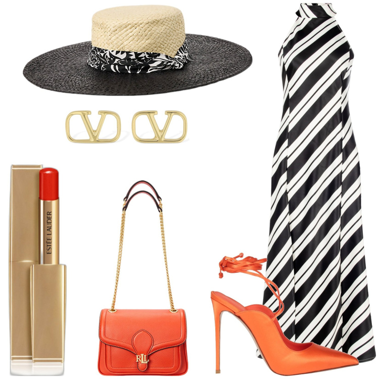 Outfit donna - Total look cerimonia eventi importanti. Stile Glamour per Cerimonia. Abbinamento con décolleté, rossetti, vestiti, borse a spalla, cappelli, orecchini.