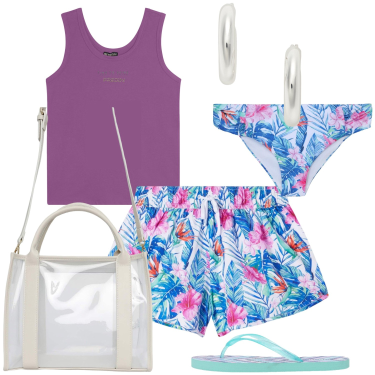 Outfit donna - Coordinato da mare. Stile Trendy per Mare. Abbinamento con borse tote, infradito, shorts, bikini, canottiere, orecchini.