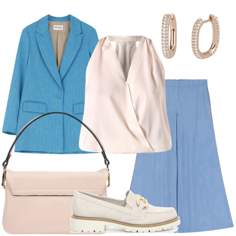 Outfit donna - Mannish a maggio. Stile Mannish per Ufficio. Abbinamento con orecchini, top, pantaloni a palazzo, blazer, mocassini, borse a tracolla.