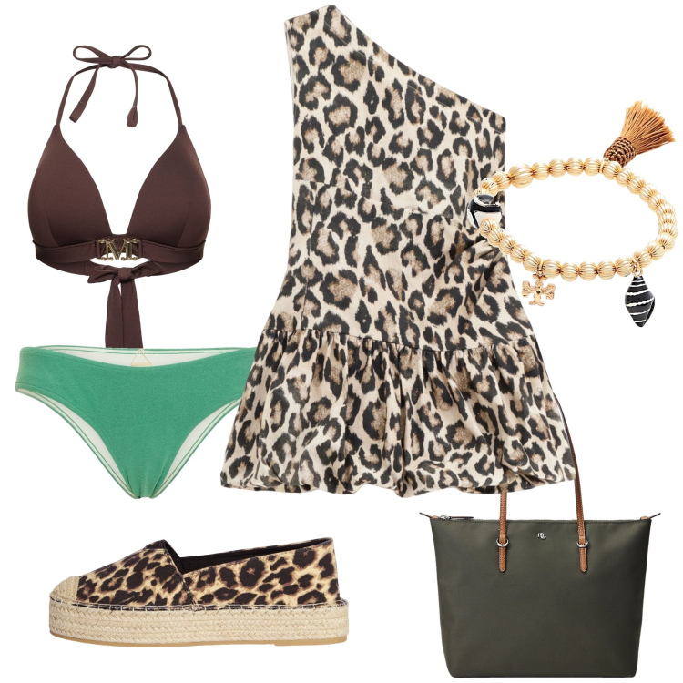 Outfit donna - Dal tuffo al cocktail. Stile Glamour per Mare. Abbinamento con braccialetti, espadrillas, vestiti corti, borse tote, bikini, bikini.
