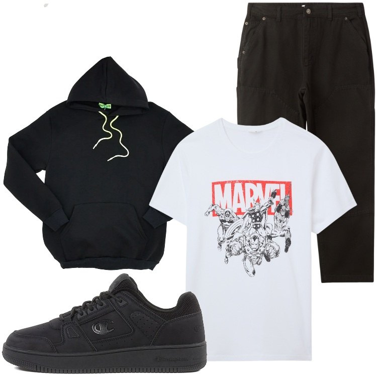 Outfit uomo - In Marvel we trust. Stile Casual per Tutti i giorni. Abbinamento con pantaloni, t-shirt, sneakers, felpe con cappuccio.