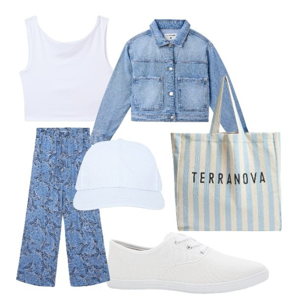 Outfit donna - accesso alla spiaggia. Stile Urban per Mare. Abbinamento con sneakers, pantaloni, cappelli con visiera, top, cappotti, borse tote.