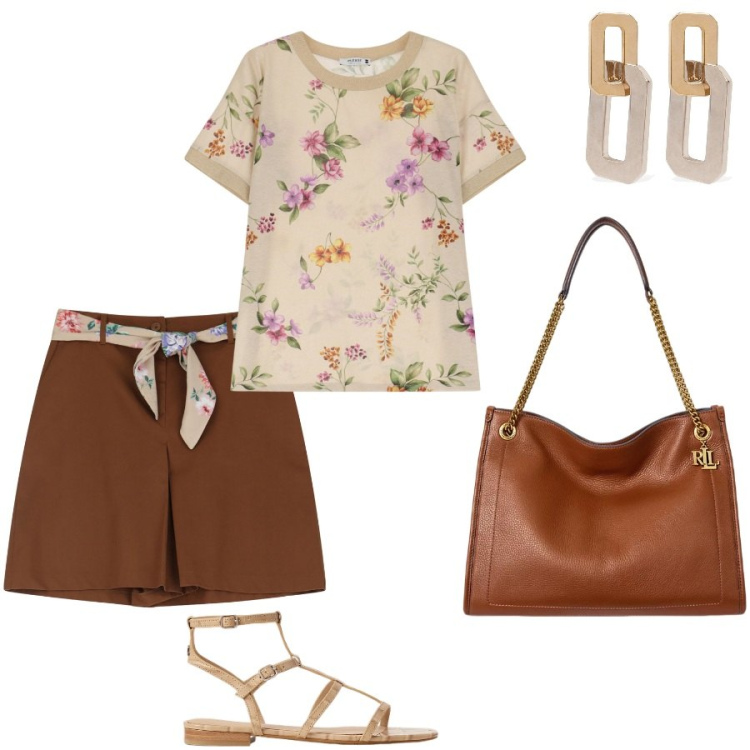 Outfit donna - Cintura foulard. Stile Casual chic per Tutti i giorni. Abbinamento con t-shirt, shorts, borse tote, sandali alla schiava, orecchini.