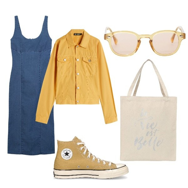 Outfit donna - tubino di jeans. Stile Urban per Tutti i giorni. Abbinamento con borse tote, vestiti lunghi, occhiali da sole, blazer, sneakers.