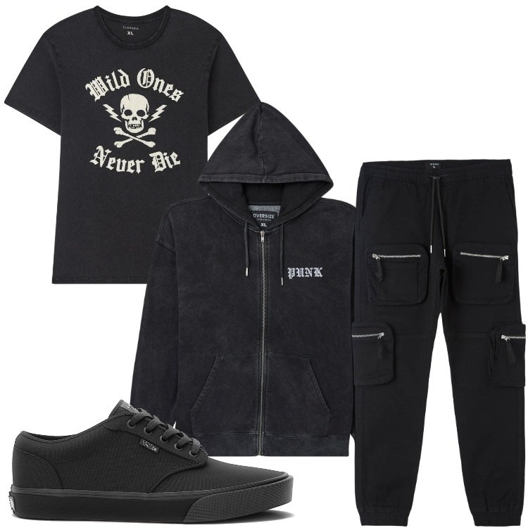 Outfit uomo - In Punk we trust. Stile Biker Rock per Tutti i giorni. Abbinamento con felpe con cappuccio, pantaloni cargo, t-shirt, sneakers.
