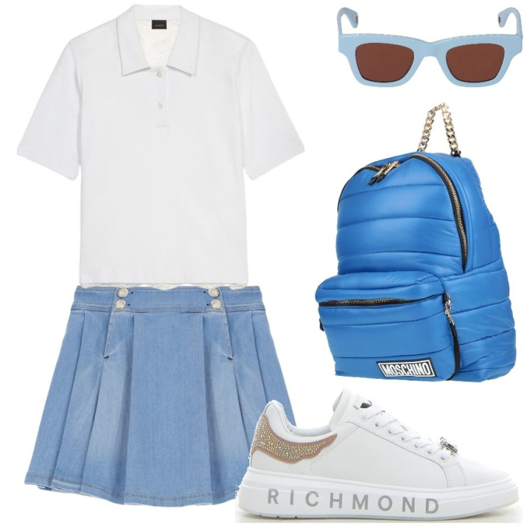 Outfit donna - Primavera preppy. Stile Preppy per Scuola/Università. Abbinamento con zaini, minigonne, occhiali da sole, sneakers, t-shirt.