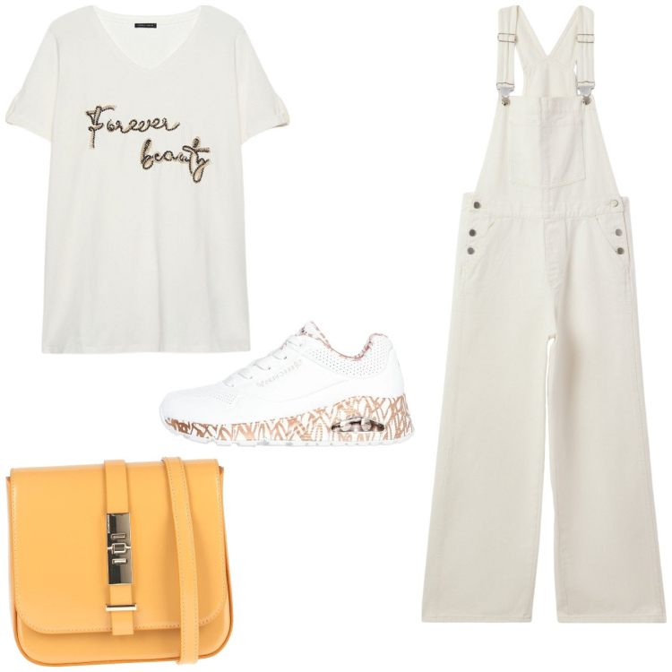 Outfit donna - Salopette. Stile Casual per Tutti i giorni. Abbinamento con borse a tracolla, t-shirt, salopette, sneakers.