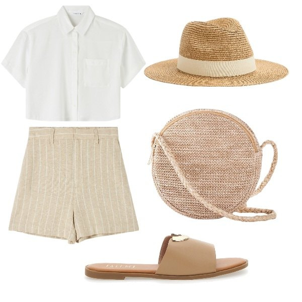 Outfit donna - in ciabatte. Stile Urban per Mare. Abbinamento con borse a tracolla, cappelli, bermuda, camicie a manica corta, ciabatte.