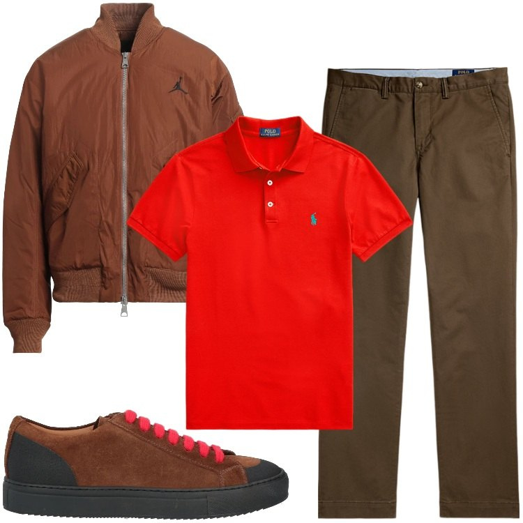 Outfit uomo - Rosso in città. Stile Urban per Tutti i giorni. Abbinamento con sneakers, giacche, polo, pantaloni chino.
