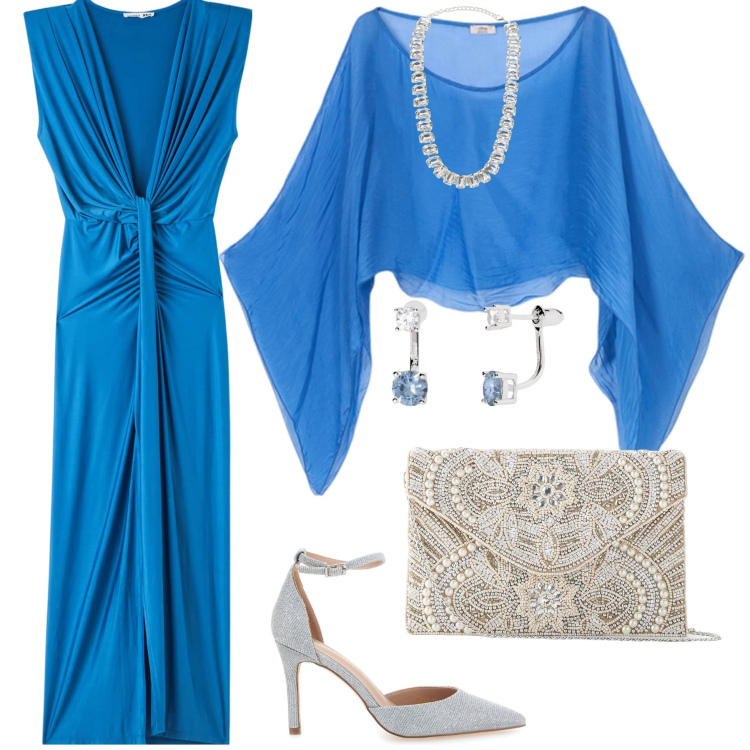Outfit donna - Cerimonia di sera. Stile Chic per Cerimonia. Abbinamento con pochette, vestiti lunghi, collane, orecchini, décolleté, bolero.
