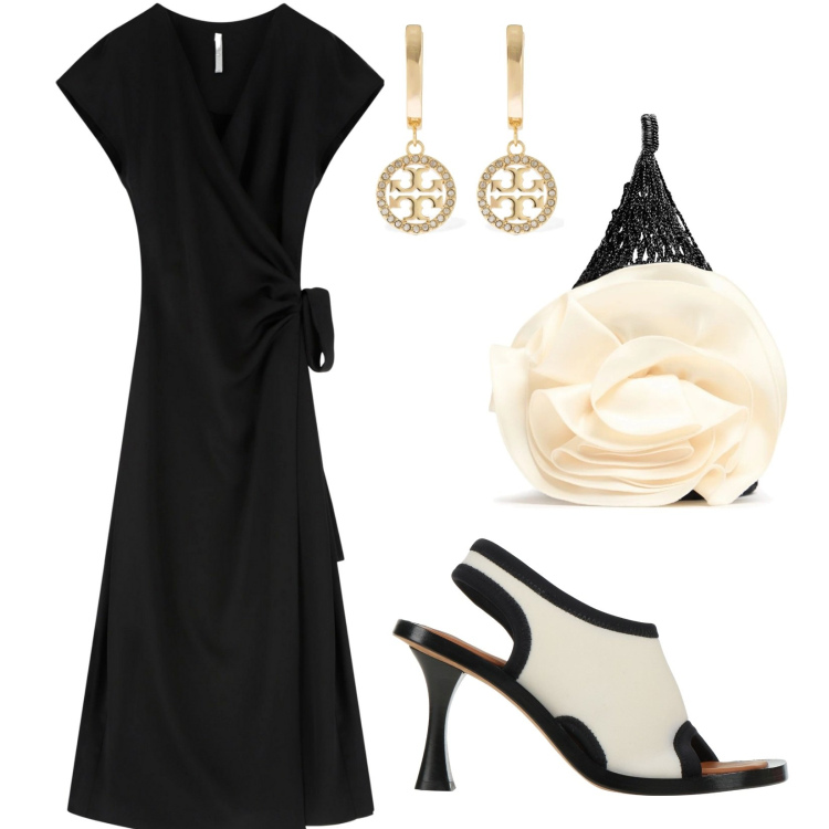 Outfit donna - La borsina con la rosa. Stile Chic per Serata fuori. Abbinamento con sandali col tacco, vestiti midi/longuette, orecchini, borse a mano.
