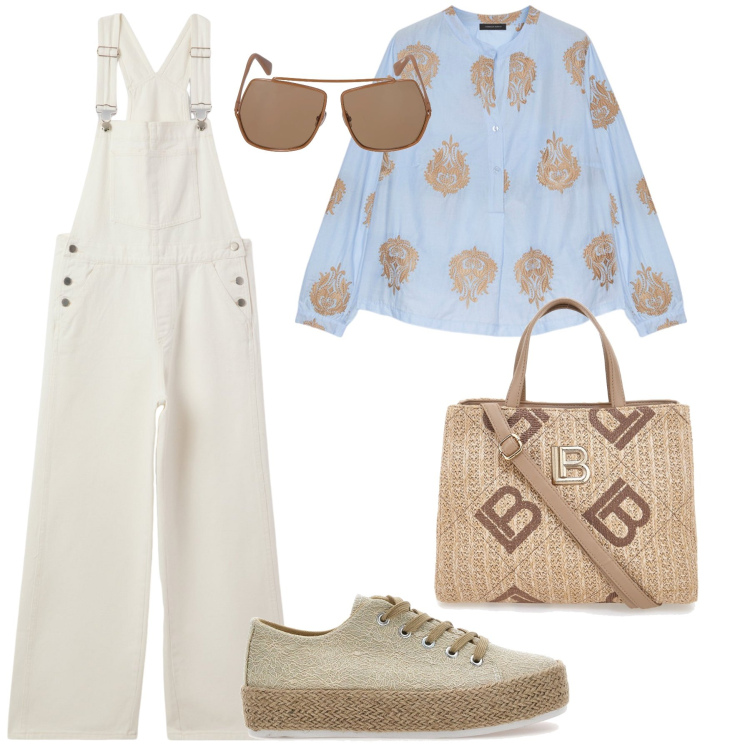 Outfit donna - In tuta a scuola. Stile Casual chic per Scuola/Università. Abbinamento con salopette, bluse, espadrillas, borse a tracolla, occhiali da sole.