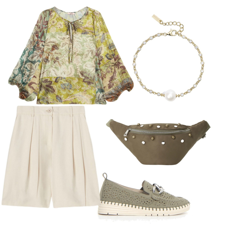 Outfit donna - Scarpe Boscaini camminare leggeri. Stile Vintage retrò per Tutti i giorni. Abbinamento con braccialetti, marsupi, mocassini, bluse, shorts.