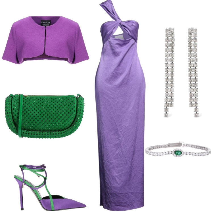 Outfit donna - Gran galà. Stile Glamour per Serata fuori. Abbinamento con décolleté, vestiti lunghi, blazer, borse a tracolla, braccialetti, orecchini.