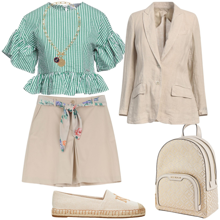 Outfit donna - Un look fresco. Stile Boho per Tutti i giorni. Abbinamento con top, zaini, blazer, shorts, ciondoli, espadrillas.