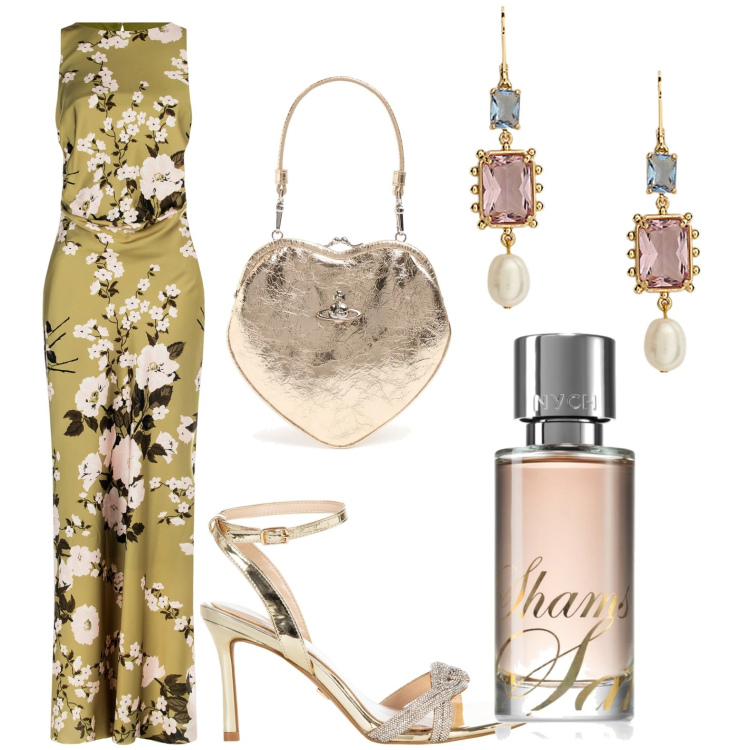 Outfit donna - Total look #2131349. Stile Glamour per Cerimonia. Abbinamento con profumi, sandali col tacco, vestiti lunghi, orecchini, pochette.