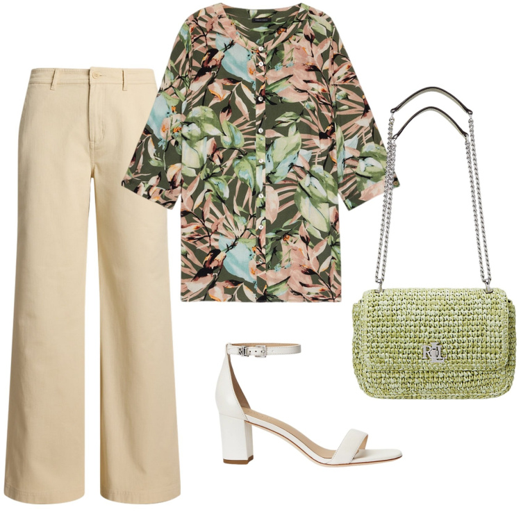 Outfit donna - In ufficio. Stile Etnico per Ufficio. Abbinamento con sandali in pelle, pantaloni, borse a spalla, camicie.