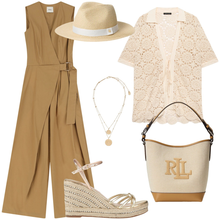 Outfit donna - A spasso in un giorno di sole. Stile Boho per Tutti i giorni. Abbinamento con espadrillas, tute, ciondoli, borse a secchiello, cappelli, camicie a manica corta.