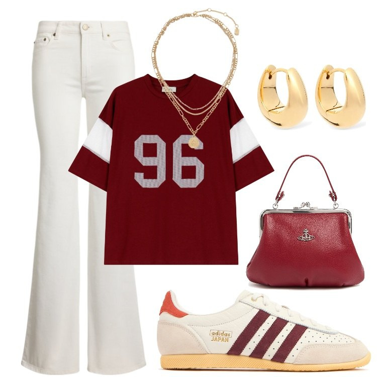 Outfit donna - .. Stile Casual per Tutti i giorni. Abbinamento con t-shirt, ciondoli, jeans, borse a mano, orecchini, sneakers.