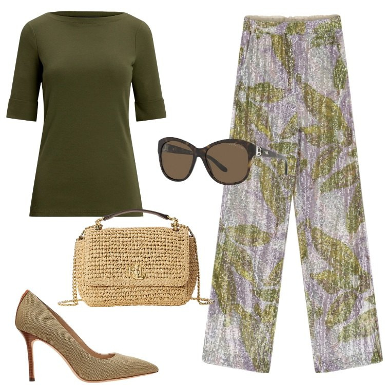 Outfit donna - Colori della giungla. Stile Casual chic per Tutti i giorni. Abbinamento con pantaloni a palazzo, occhiali da sole, borse a spalla, décolleté, t-shirt.