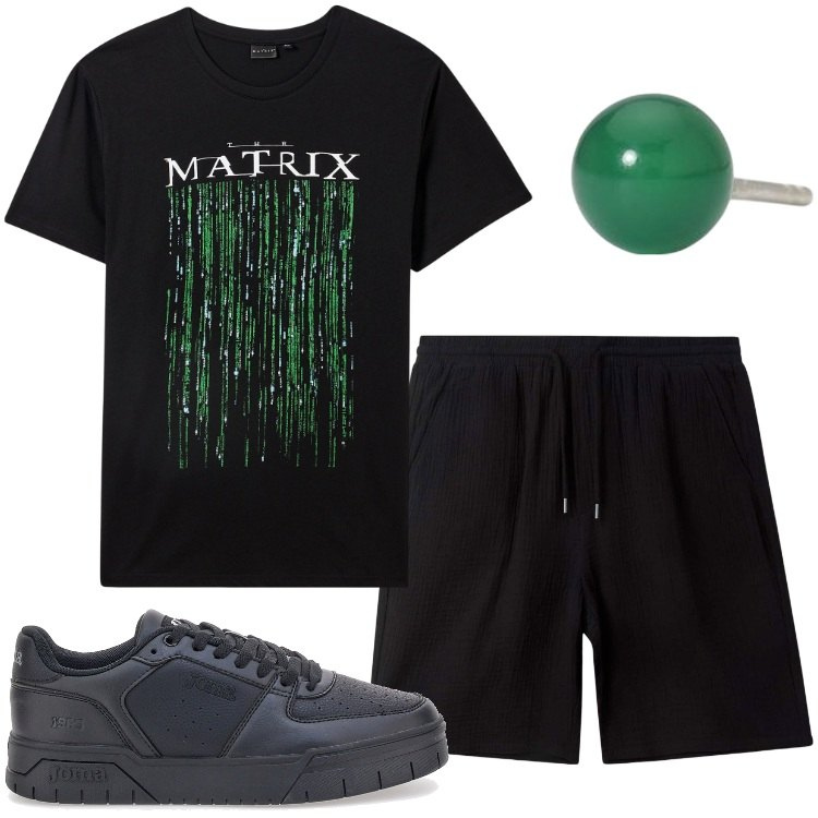Outfit uomo - Matrix al mare. Stile Casual per Mare. Abbinamento con t-shirt, pantaloni corti, orecchini, sneakers.
