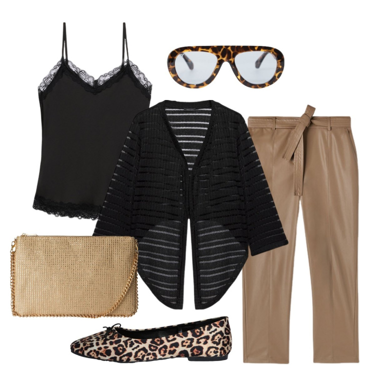 Outfit donna - Trendy maculato. Stile Trendy per Serata fuori. Abbinamento con borse a tracolla, ballerine, occhiali da sole, bolero, pantaloni, top.
