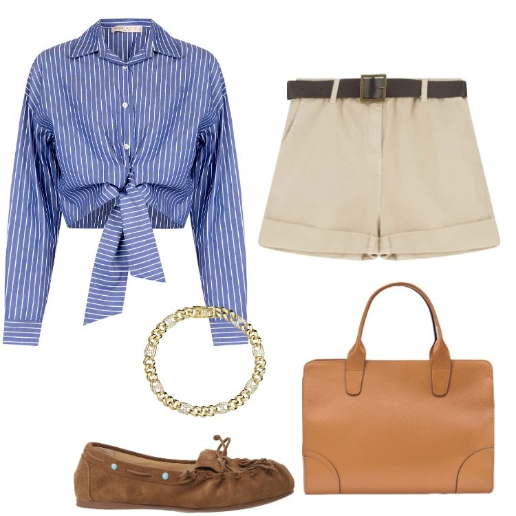 Outfit donna - Shorts mannish. Stile Mannish per Tutti i giorni. Abbinamento con mocassini, braccialetti, camicie, shorts, borse tote.