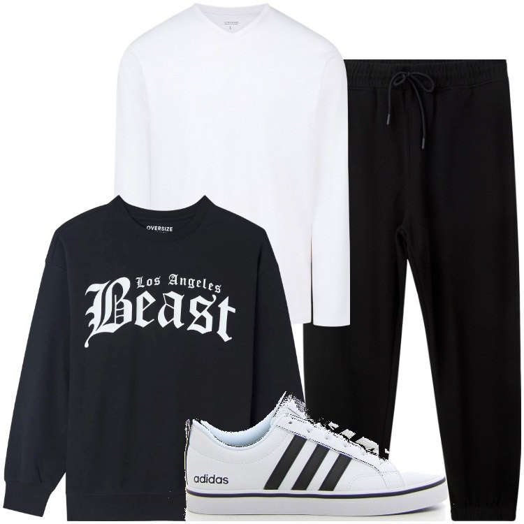 Outfit uomo - Bianco e nero. Stile Casual per Tutti i giorni. Abbinamento con felpe, pantaloni, t-shirt, sneakers.